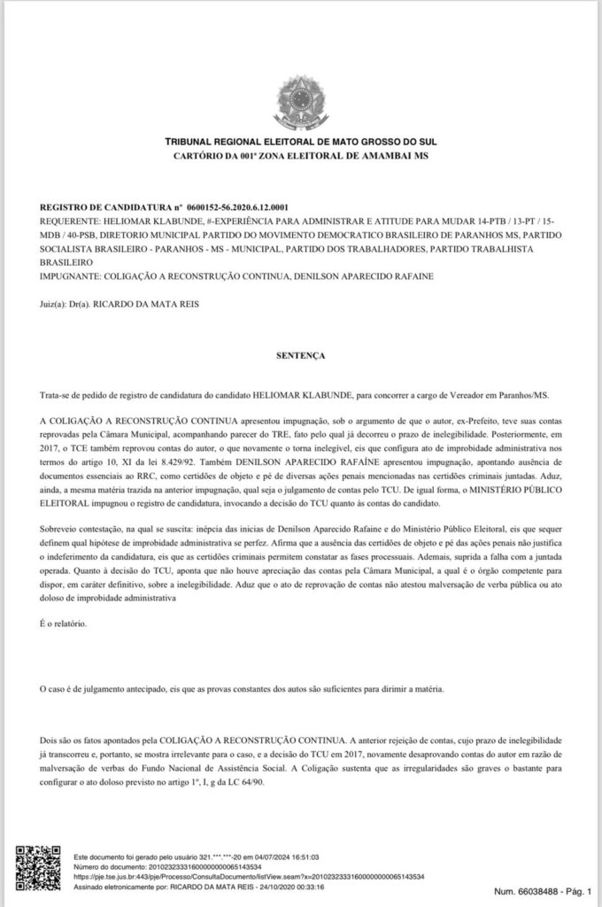 Paranhos: inelegível, Heliomar Klabunde está fora da disputa pela Prefeitura