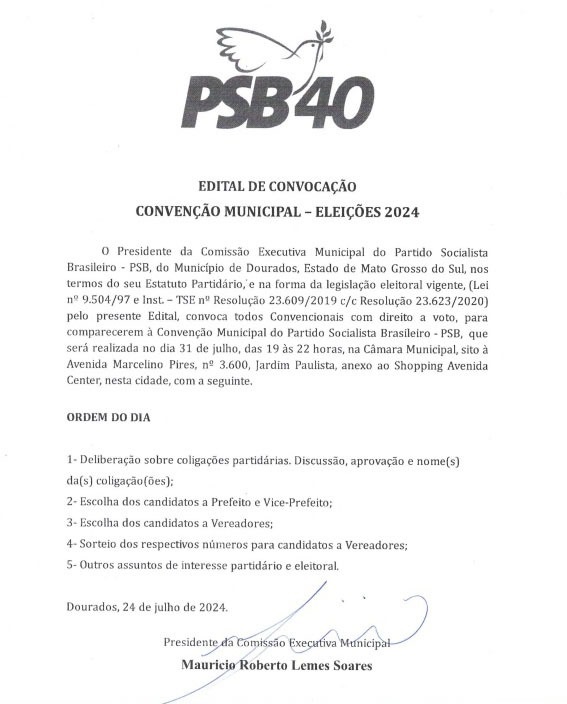 PSB 40: Edital de convocação para Convenção Municipal