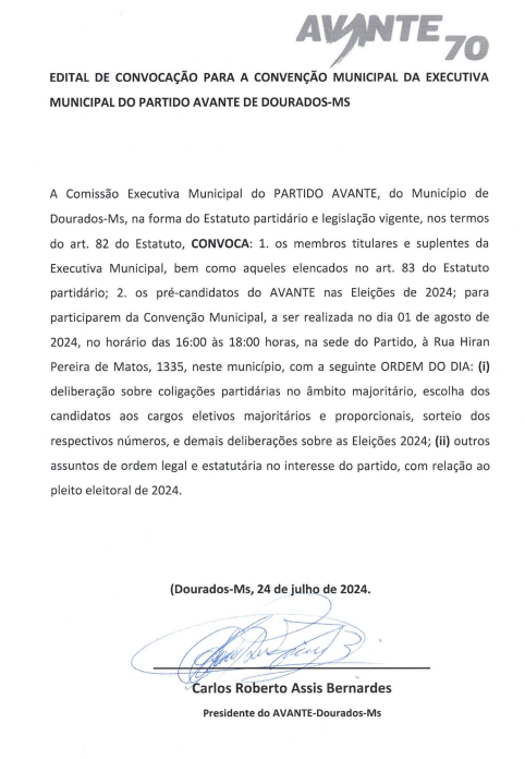 Avante 70: Edital de convocação para Convenção Municipal da Executiva do Partido em Dourados