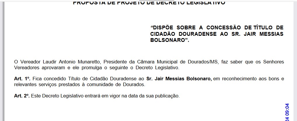 Marcelo Mourão propõe título de Cidadão Douradense ao ex-presidente Jair Bolsonaro
