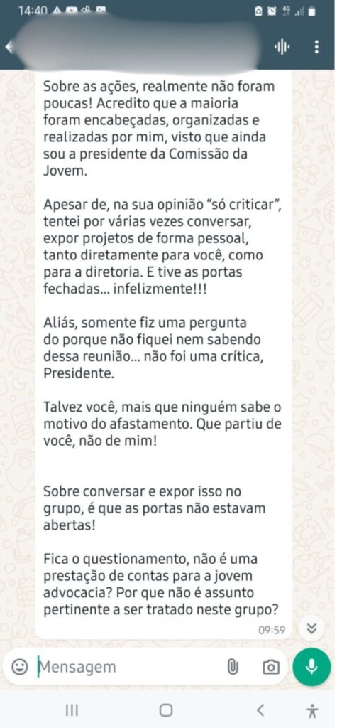 OAB Dourados/Itaporã: presidente da Comissão Jovem teria sido excluída de reunião de prestação de contas