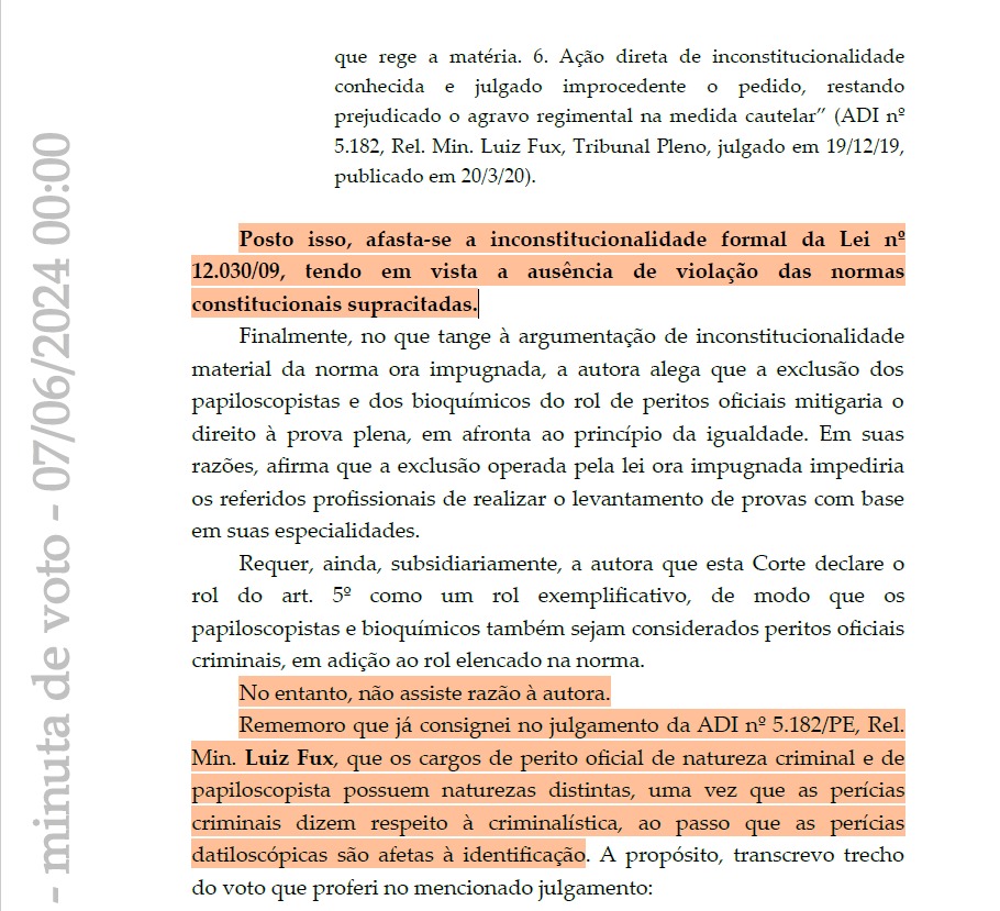 Perito Papiloscopista não pode ser considerado Perito Oficial de Natureza Criminal, decide STF