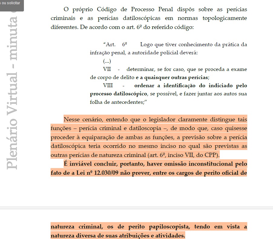 Perito Papiloscopista não pode ser considerado Perito Oficial de Natureza Criminal, decide STF