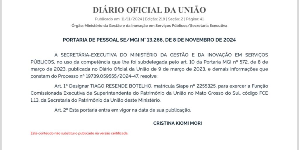 Tiago Botelho reassume nesta 2ª-feira, a Superintendência do Patrimônio da União