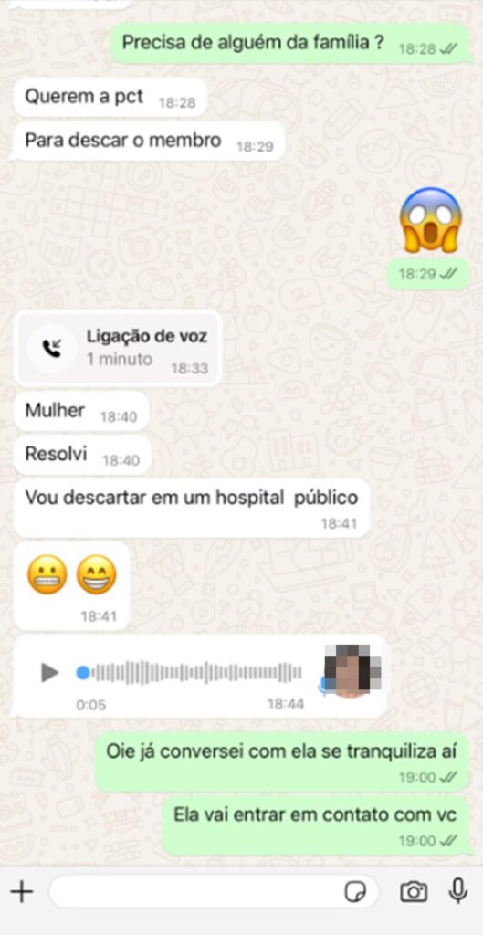 Enfermeira amputa pé de idosa de 103 anos com bisturi cego; veja os prints das conversas