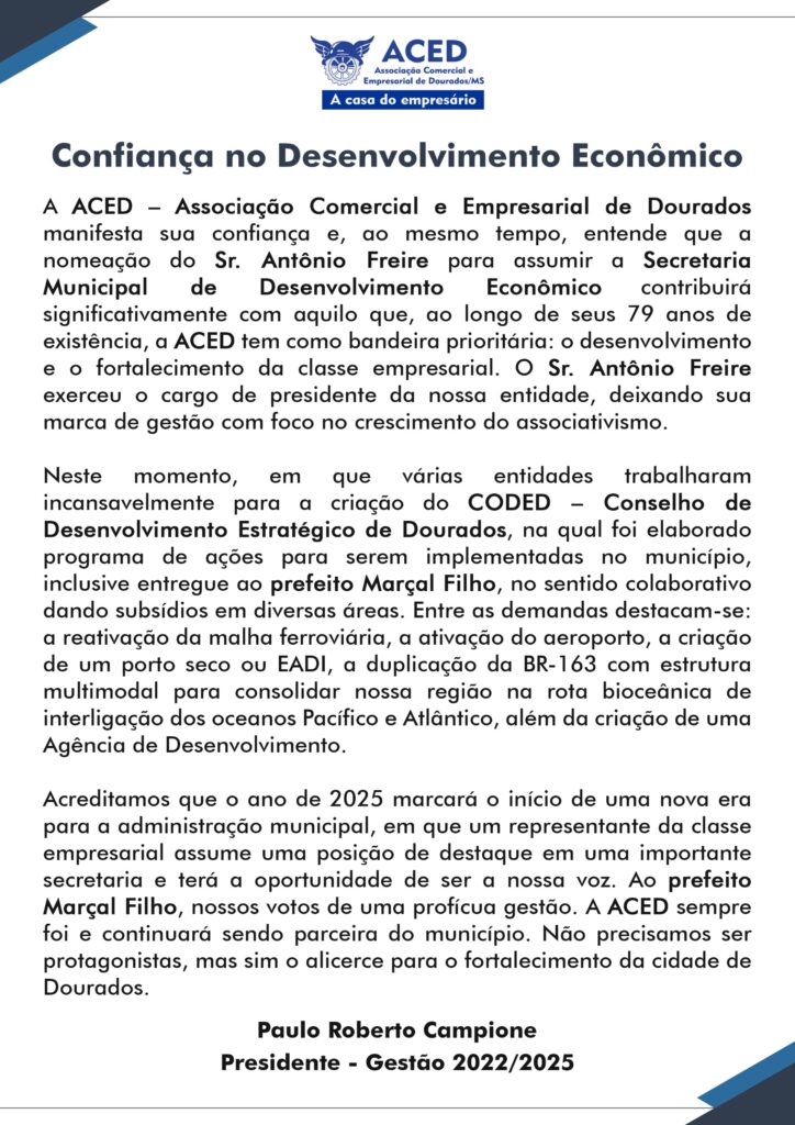 ACED manifesta apoio ao secretário de Desenvolvimento Econômico Antônio Freire