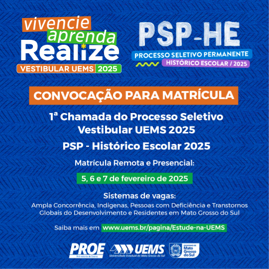 UEMS convoca para matrícula classificados no Vestibular e PSP - Histórico Escolar 