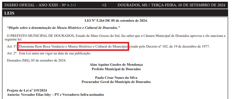 Agora é lei: Museu Histórico e Cultural de Dourados chama-se Ilson Boca Venâncio